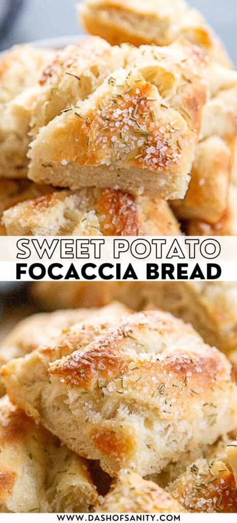 sweet potato focaccia bread collage image with recipe title