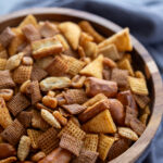 chex mix in wooden bowl