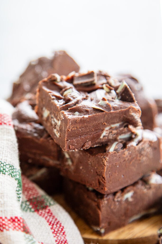 stack of fudge with mint pieces