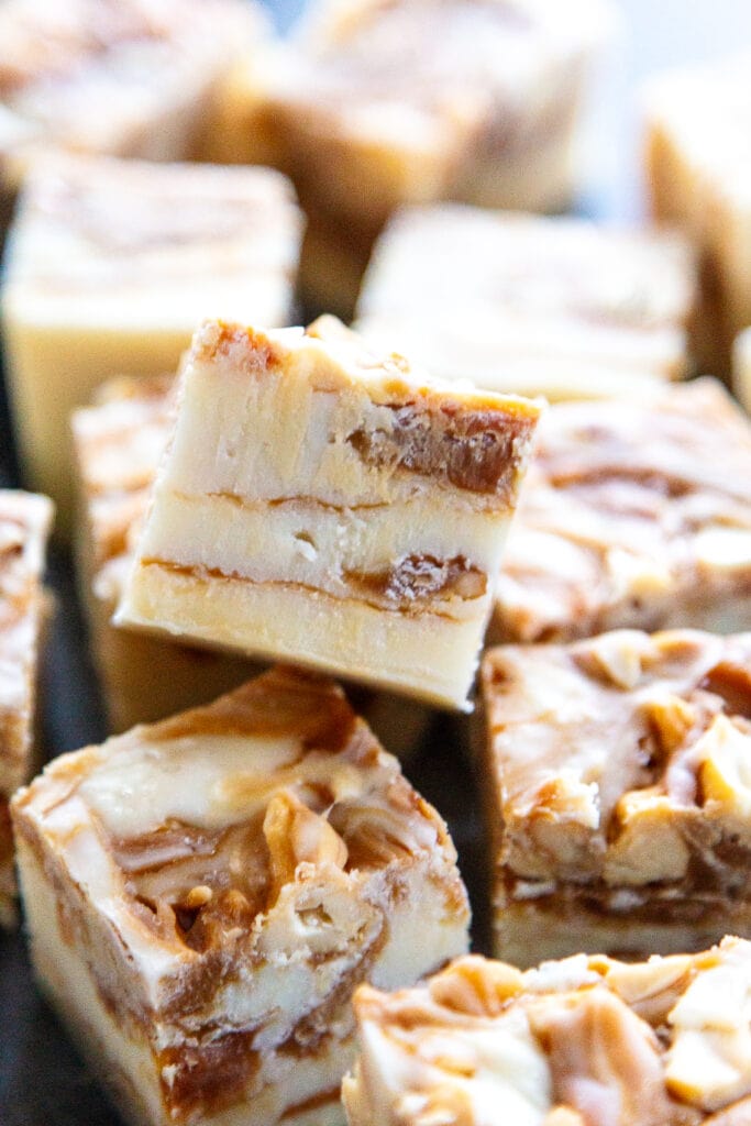 close up shot of white chocolate caramel and cashews fudge