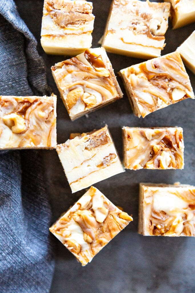 white chocolate fudge with caramel and cashews pieces overhead shot