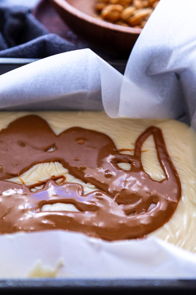 white chocolate fudge topped with caramel