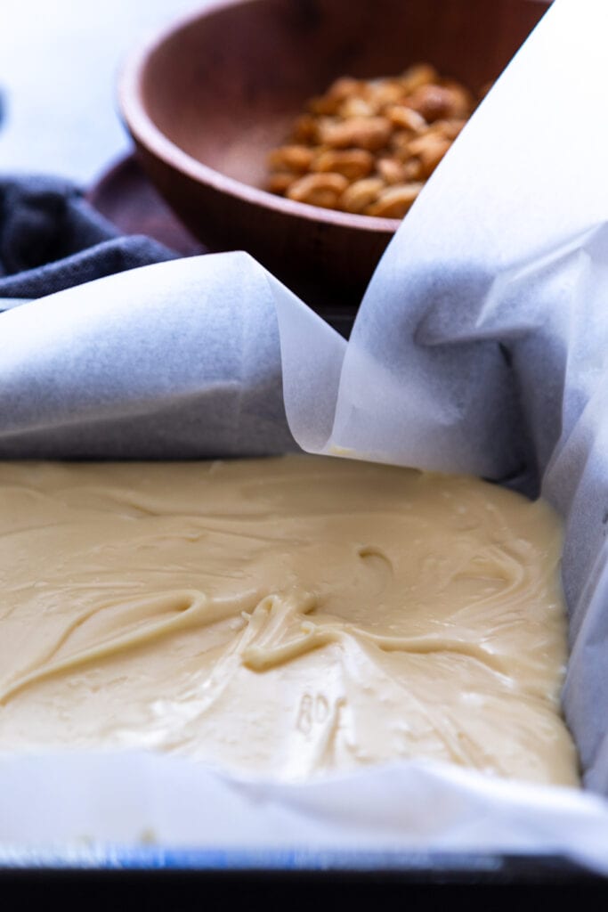 white chocolate fudge in pan