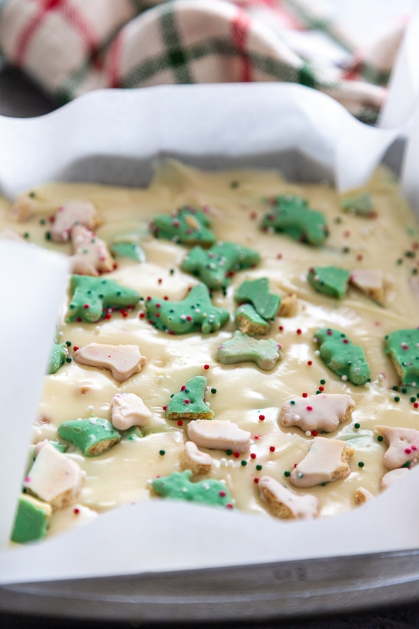 white chocolate fudge with Christmas cookies on top