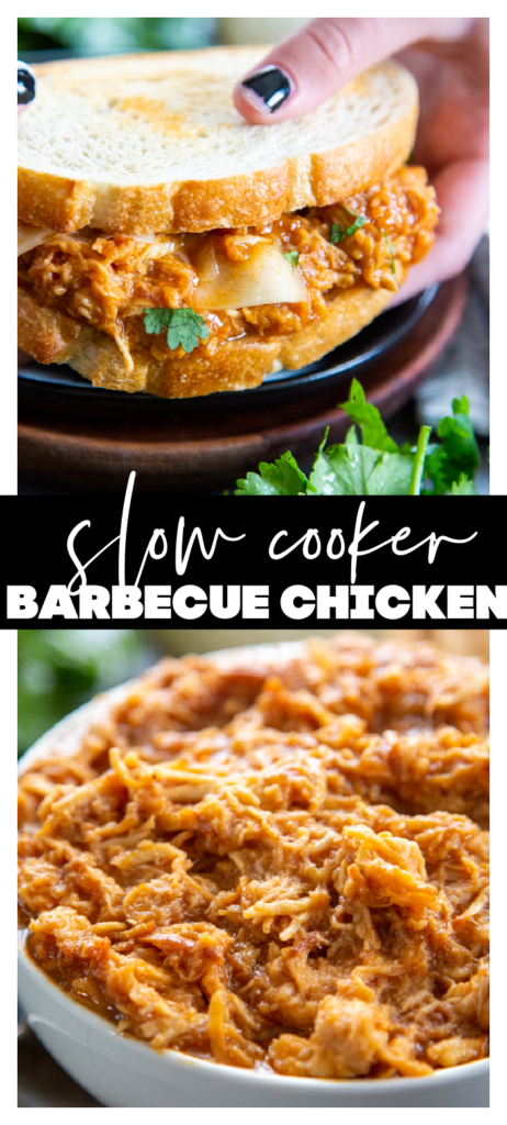 shredded barbecue chicken in sandwich and white bowl collage image