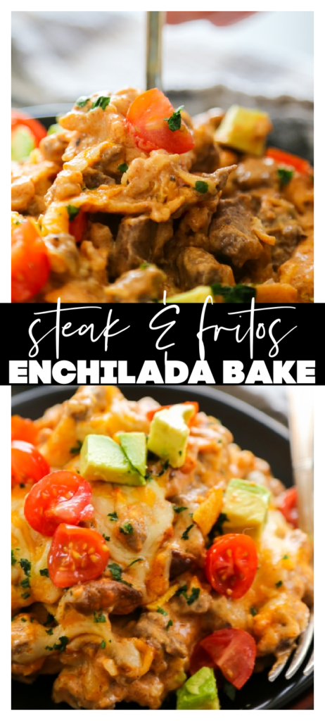 collage image of steak enchilada casserole