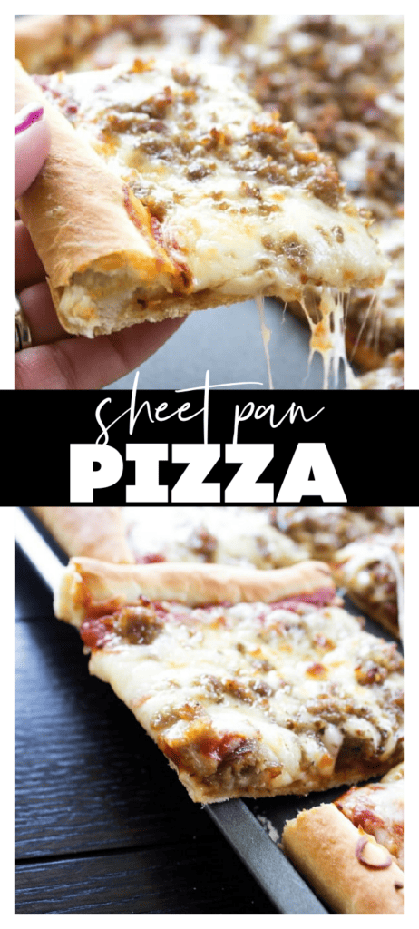 sheet pan pizza on pan two images with recipe title in between