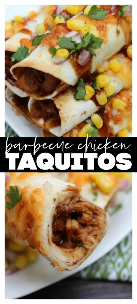collage image of barbecue chicken taquitos