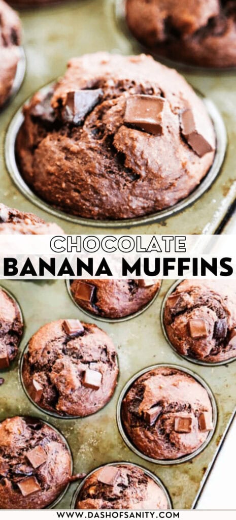 collage image chocolate muffins in muffin pan with chocolate chunks