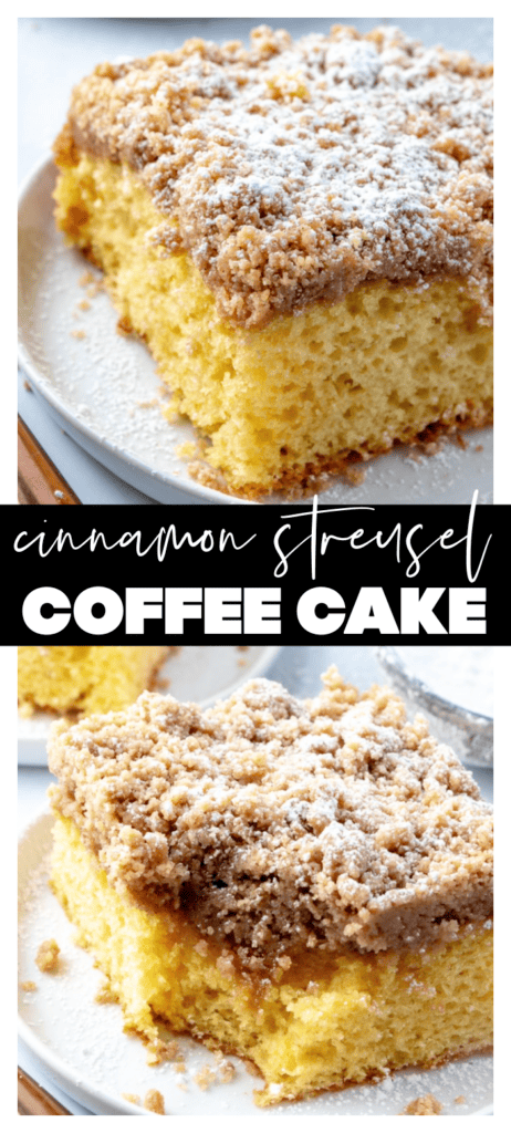 collage image of a piece of coffee cake with cinnamon topping