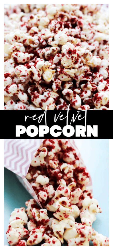 collage image over red velvet popcorn