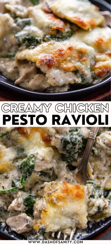 collage image of pesto ravioli with recipe title
