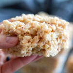 strawberry rice krispie treats with bite out of it