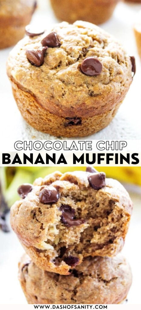 collage image of banana muffins with chocolate chips