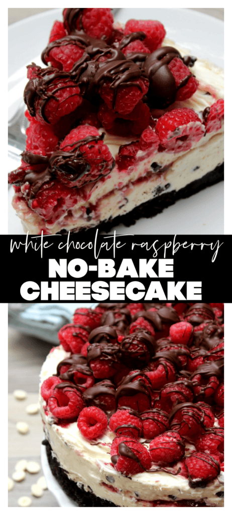 two picture collage image of white chocolate raspberry no bake cheesecake