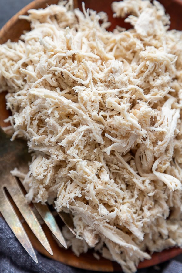 shredded chicken on plate overhead shot