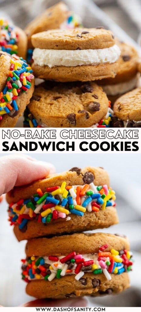 collage image of no-bake cheesecake sandwich cookies with recipe title