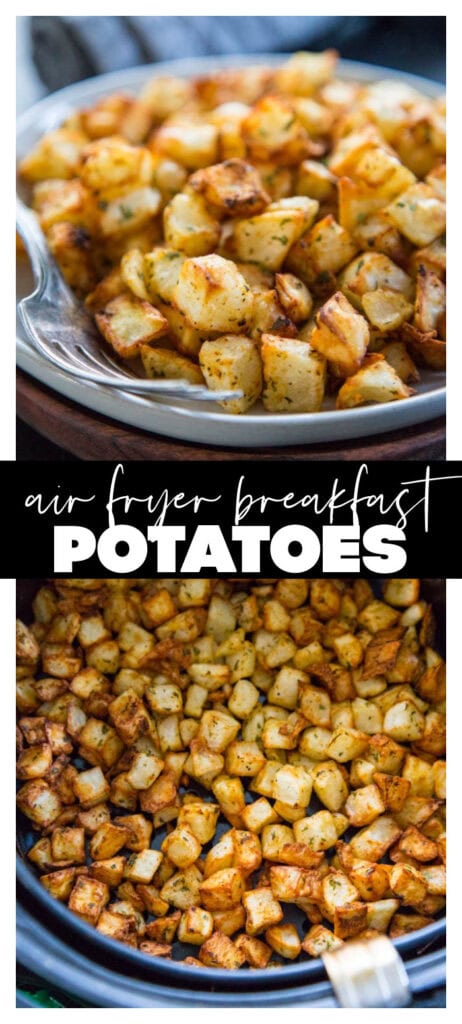 collage image of breakfast potatoes on plate and in air fryer