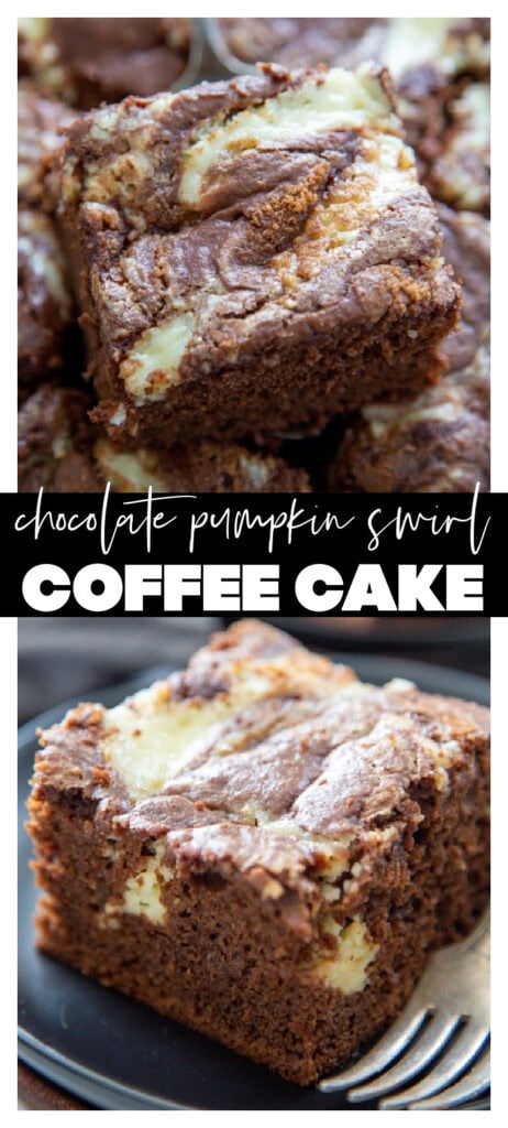 collage image of pumpkin chocolate coffee cake with cream cheese swirl