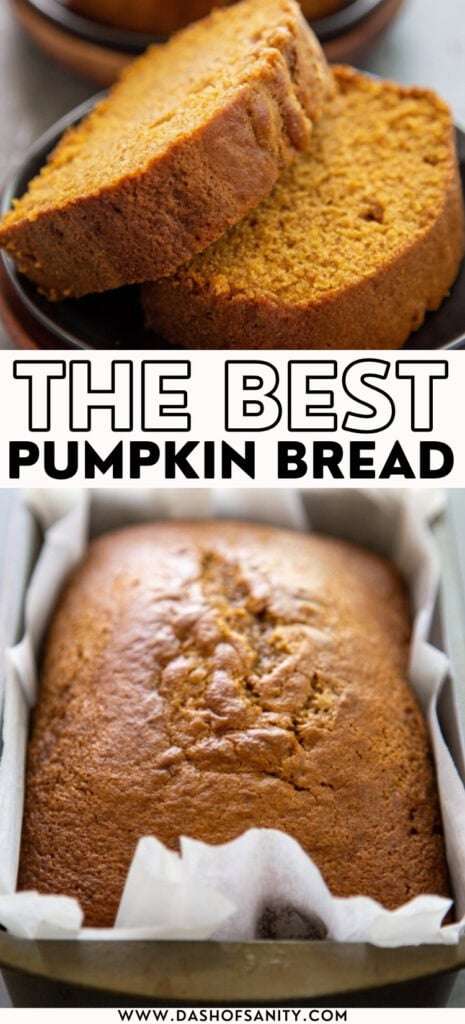 collage image of loaf of pumpkin bread and slices
