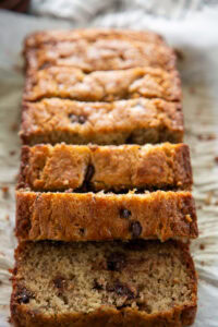sliced loaf of chocolate chip banana bread