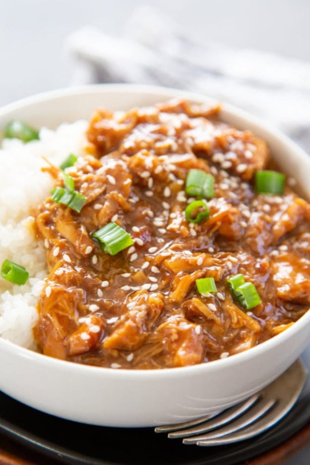 close up picture of teriyaki chicken in white bowl