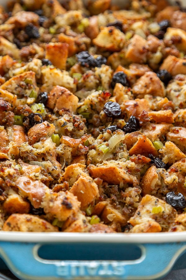 close up stuffing shot in baking pan