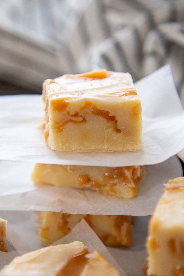 stack of white chocolate caramel fudge