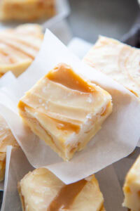 close up shot of white chocolate caramel fudge