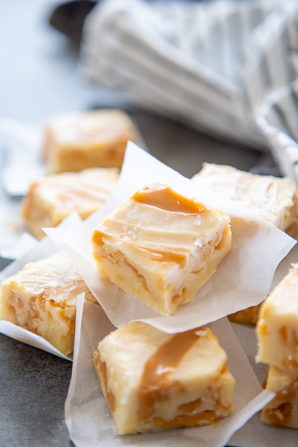 stack of white chocolate caramels with caramel swirl