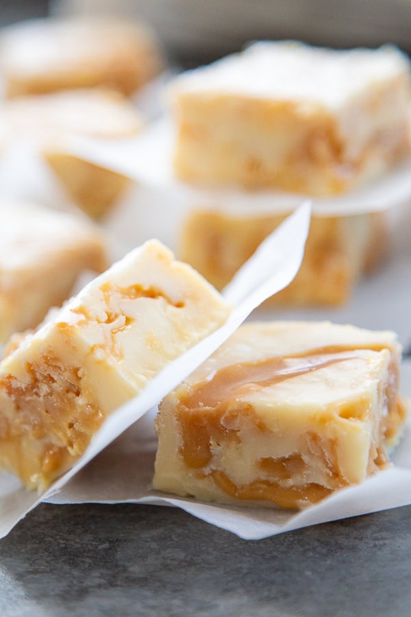 close up shot of white chocolate caramel fudge