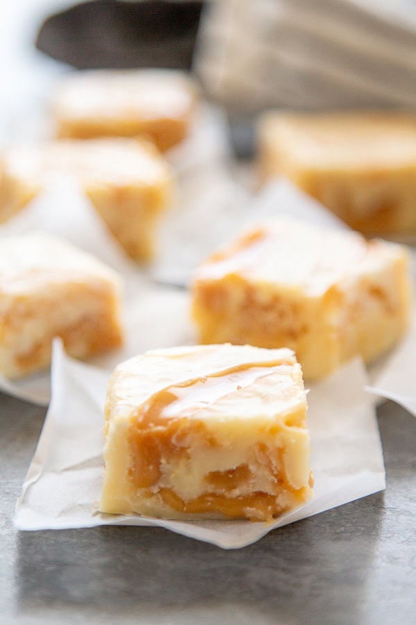one piece of white chocolate caramel fudge