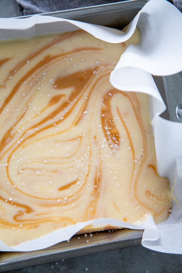 overhead shot of white chocolate caramel fudge with swirl