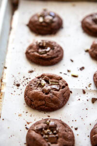 chocolate mint cookies on baking sheet