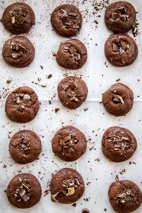 overhead shot of chocolate mint cookies on pan