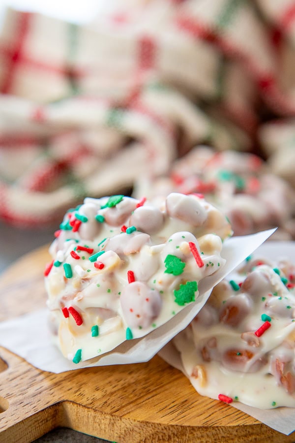 stack of white chocolate peanut clusters