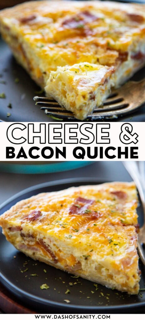 collage image of bacon and cheese quiche pieces