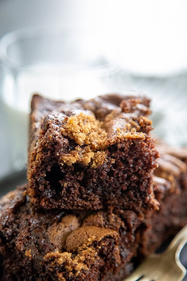 chocolate coffee cake pieces stacked on plate