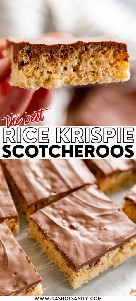 collage image Rice Krispie Scotcheroos with recipe title