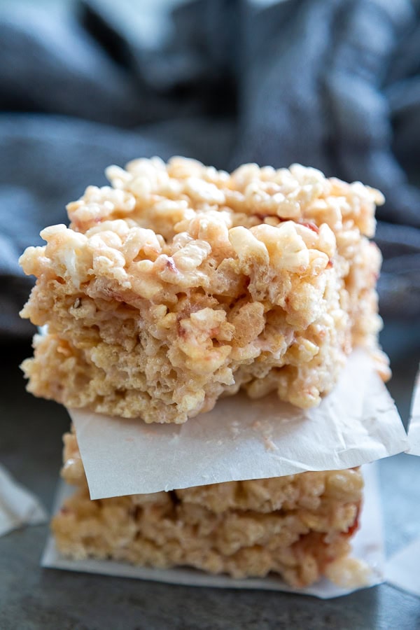 stack of rice krispie treats with bite out of one