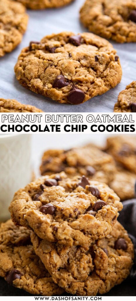 collage image of chocolate chip cookies made with peanut butter and  oatmeal