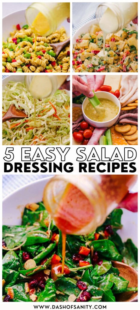 collage image of 5 different salad dressings being poured over salad