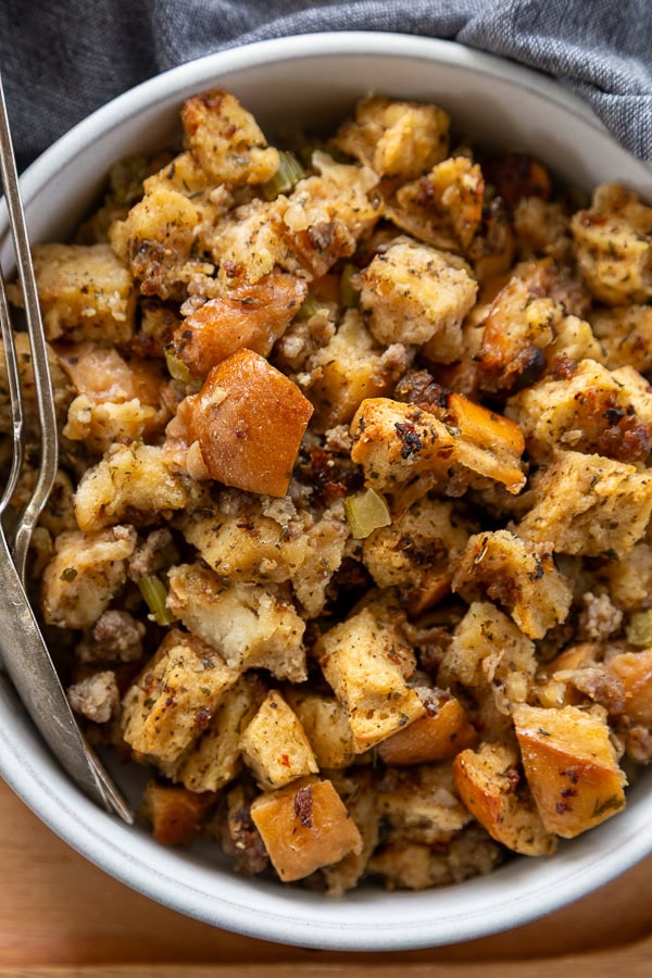 overhead shot of bowl of Italian stuffing