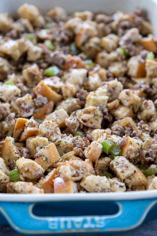 unbaked stuffing in baking pan