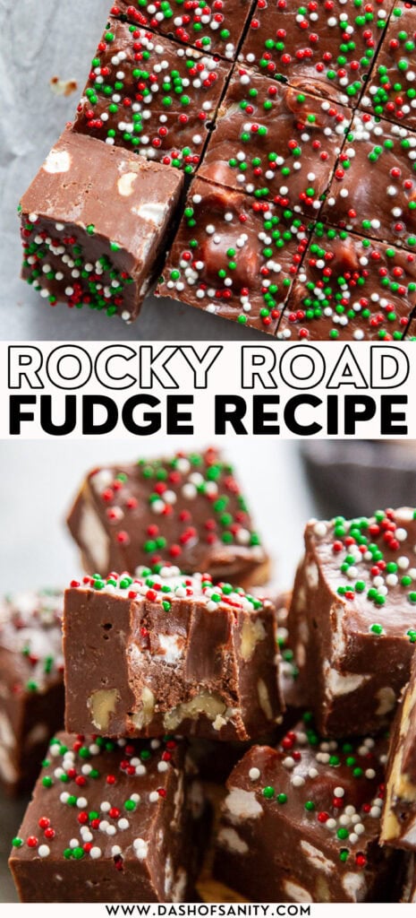 collage image of fudge with marshmallows and walnuts
