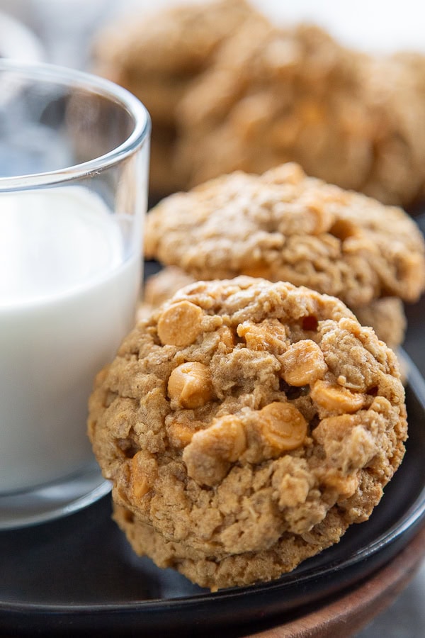 oatmeal peanut butter butterscotch chip cookies but glass of milk