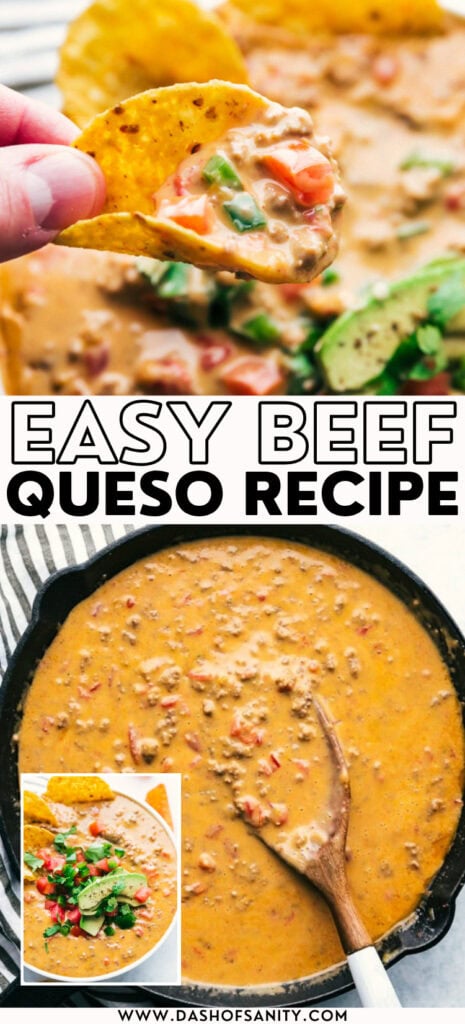 collage image of beef queso with garnishes and recipe title