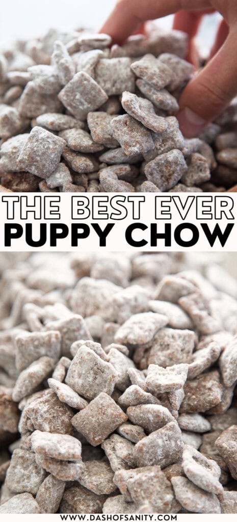 collage image of puppy chow with recipe title